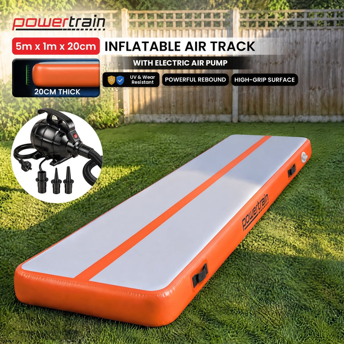 Powertrain 5m x 1m Inflatable Air Track 20cm Thick Gymnastics Exercise Tumbling Mat in Grey Orange with Electric Pump