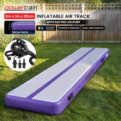 Powertrain 5m x 1m Inflatable Air Track 20cm Thick Gymnastics Exercise Tumbling Mat in Grey Purple with Electric Pump
