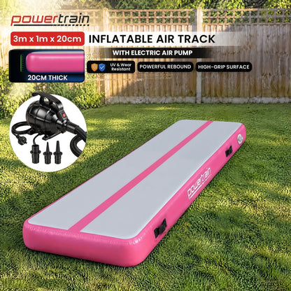 Powertrain 3m x 1m Inflatable Air Track 20cm Thick Gymnastics Exercise Tumbling Mat in Pink with Electric Pump