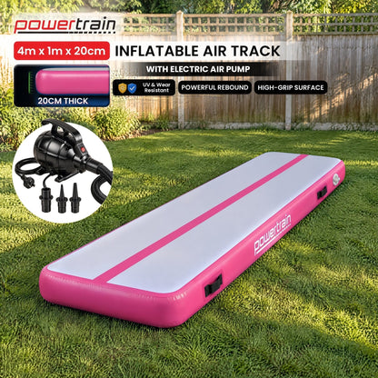 Powertrain 4m x 1m Inflatable Air Track 20cm Thick Gymnastics Exercise Tumbling Mat in Pink with Electric Pump