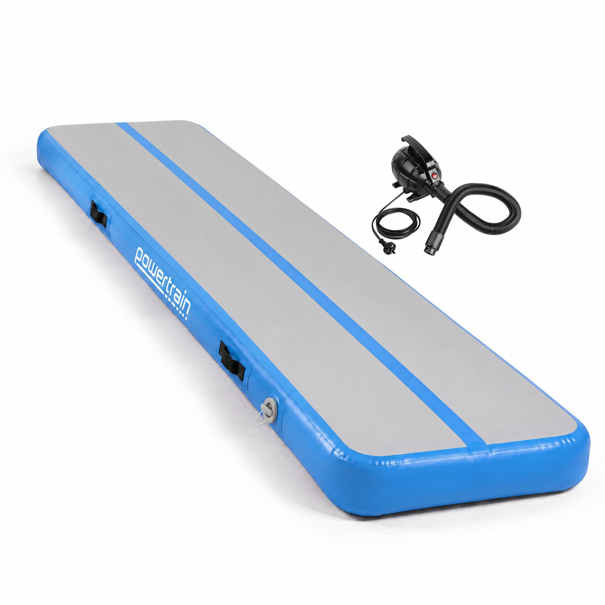 Powertrain 5m x 1m Inflatable Air Track 20cm Thick Gymnastics Exercise Tumbling Mat in Blue with Electric Pump
