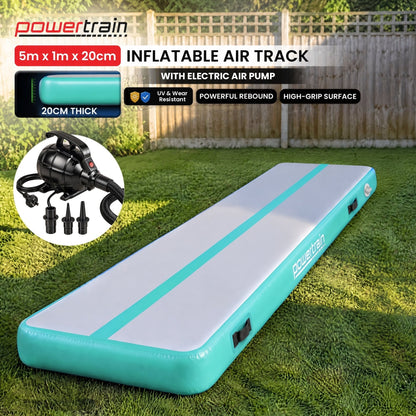 Powertrain 5m x 1m Inflatable Air Track 20cm Thick Gymnastics Exercise Tumbling Mat in Green with Electric Pump