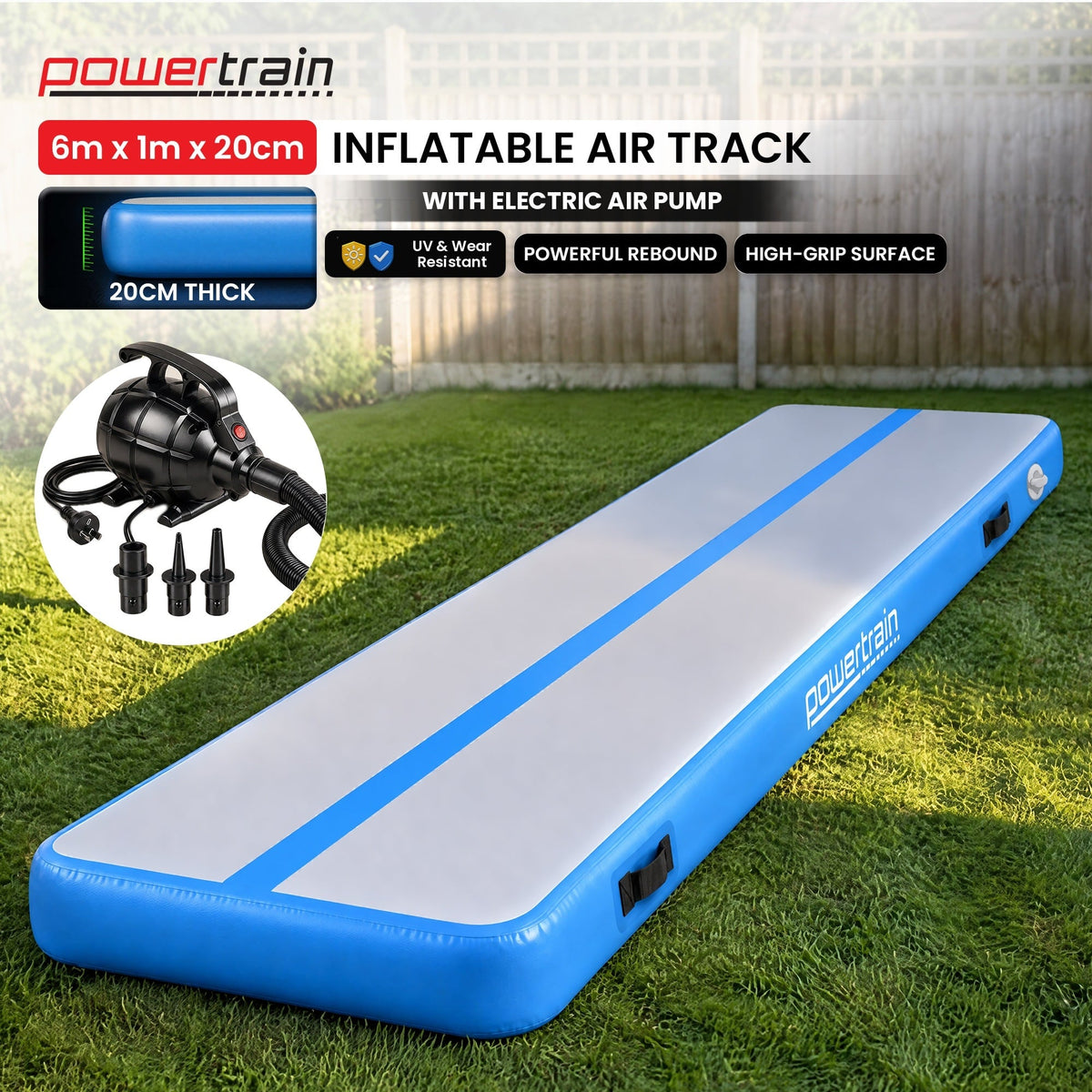 Powertrain 6m x 1m Inflatable Air Track 20cm Thick Gymnastics Exercise Tumbling Mat in Blue with Electric Pump