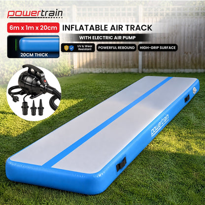 Powertrain 6m x 1m Inflatable Air Track 20cm Thick Gymnastics Exercise Tumbling Mat in Blue with Electric Pump