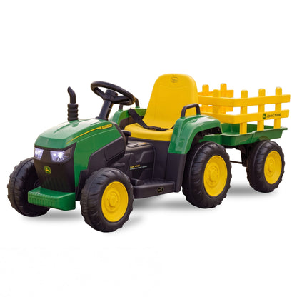 John Deere 12V Ride On Tractor with Trailer Working Lights & Remote
