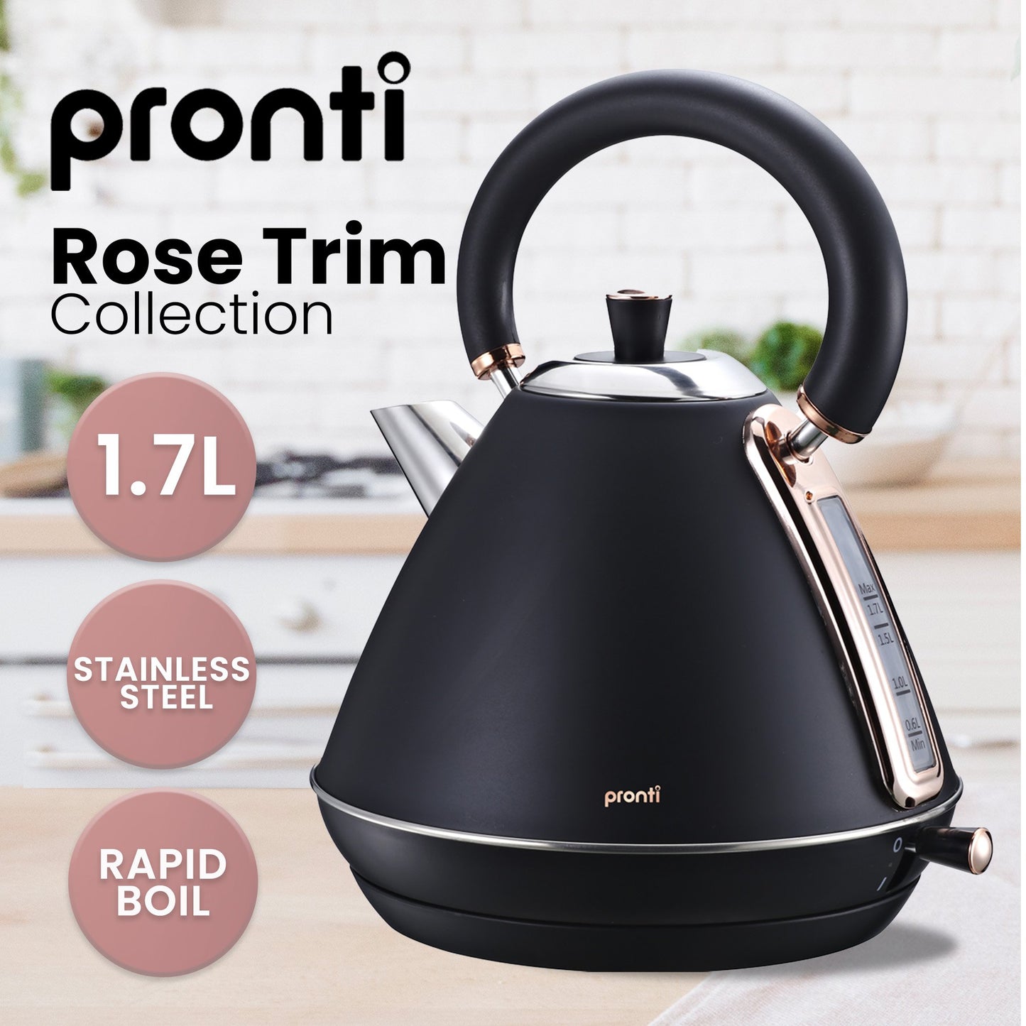 Pronti Breakfast Set with Rose Gold Kettle & Toaster with 1.2L Espresso Machine - Black