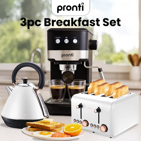 Pronti Breakfast Set with Rose Gold Kettle & Toaster with 1.25L Espresso Machine - White