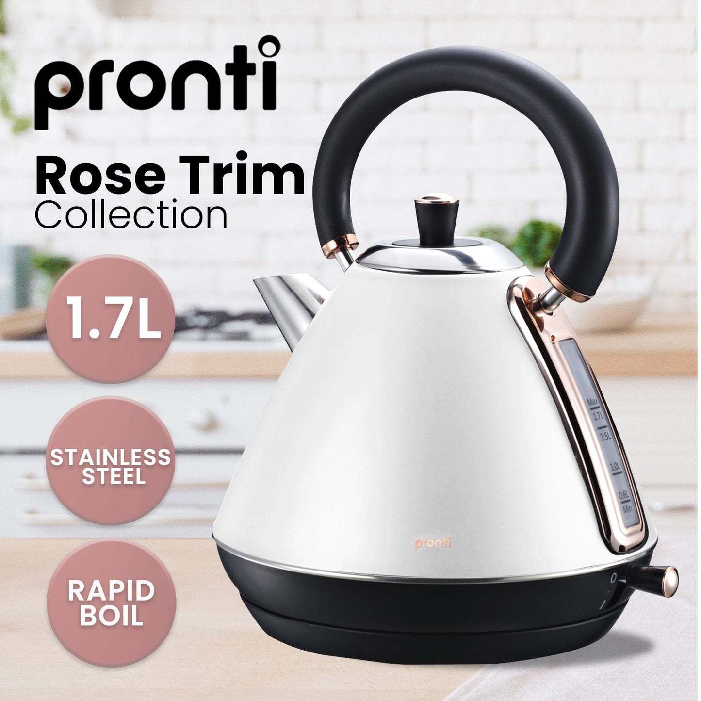 Pronti Breakfast Set with Rose Gold Kettle & Toaster with 1.25L Espresso Machine - White