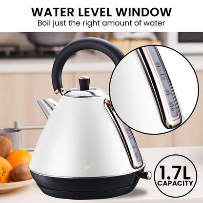 Pronti Breakfast Set with Rose Gold Kettle & Toaster with 1.25L Espresso Machine - White