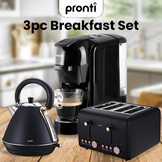 Pronti 3-in-1 Breakfast Set Kettle, 4-Slice Toaster and Pronti HomeMaid Coffee Machine Appliance Combo in Black