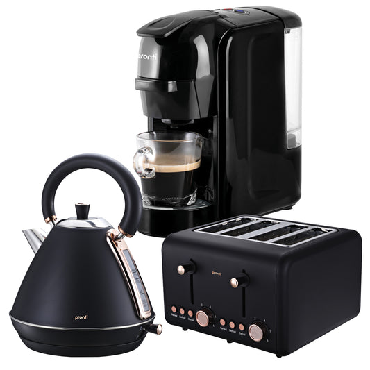 Pronti 3-in-1 Breakfast Set Kettle, 4-Slice Toaster and Pronti HomeMaid Coffee Machine Appliance Combo in Black