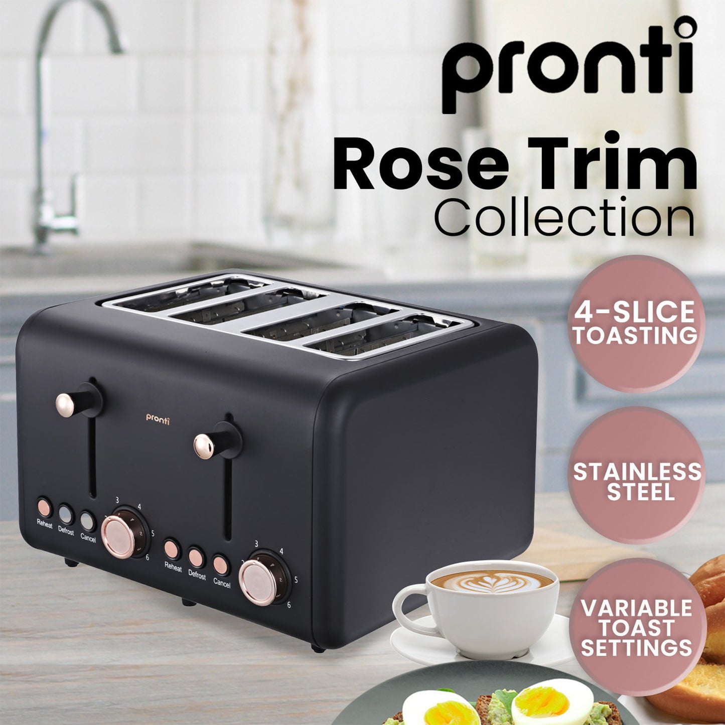 Pronti 3-in-1 Breakfast Set Kettle, 4-Slice Toaster and Pronti HomeMaid Coffee Machine Appliance Combo in Black