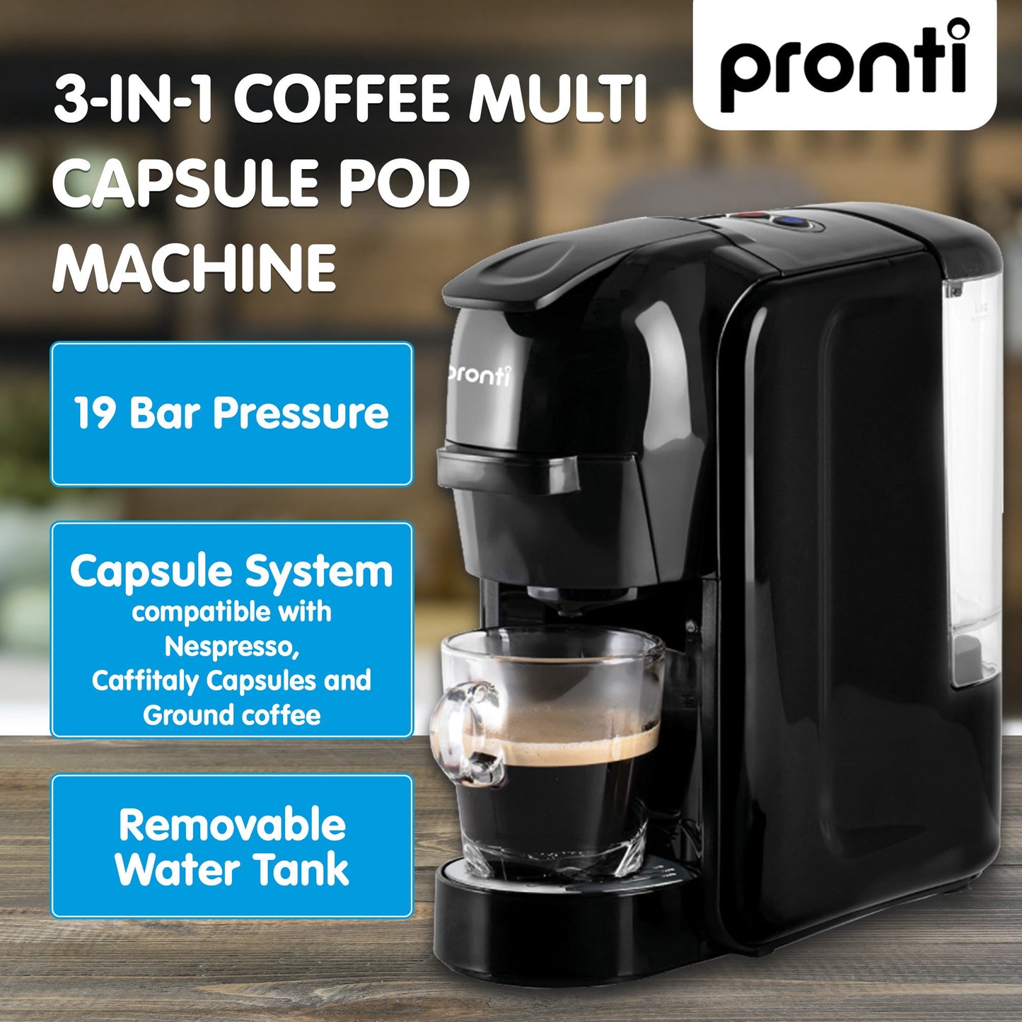 Pronti 3-in-1 Breakfast Set Kettle, 4-Slice Toaster and Pronti HomeMaid Coffee Machine Appliance Combo in Black