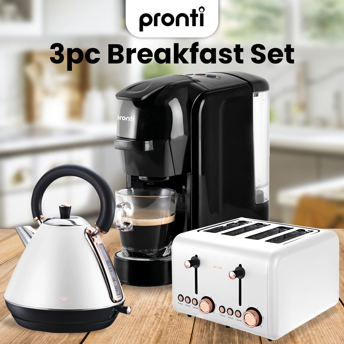 Pronti 3-in-1 Breakfast Set Kettle, 4-Slice Toaster and Pronti HomeMaid Coffee Machine Appliance Combo in White