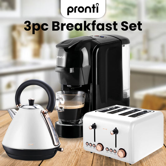 Pronti 3-in-1 Breakfast Set Kettle, 4-Slice Toaster and Pronti HomeMaid Coffee Machine Appliance Combo in White