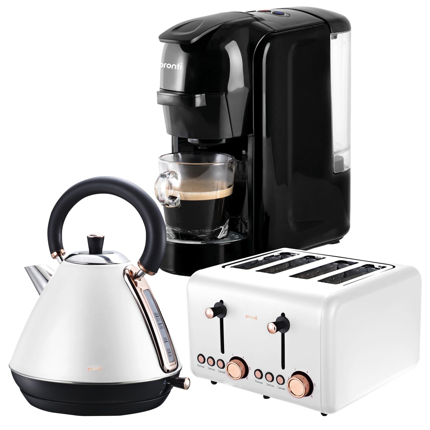 Pronti 3-in-1 Breakfast Set Kettle, 4-Slice Toaster and Pronti HomeMaid Coffee Machine Appliance Combo in White