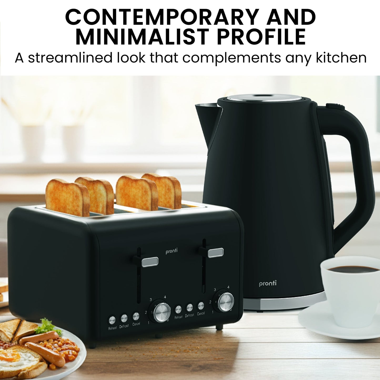 Pronti Silver Noir Collection 4 Slice Toaster and Kettle Bundle