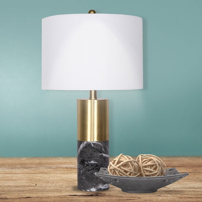 Sarantino Modern Faux Black Marble Table Lamp with Gold Brass Base & White Fabric Drum Shade