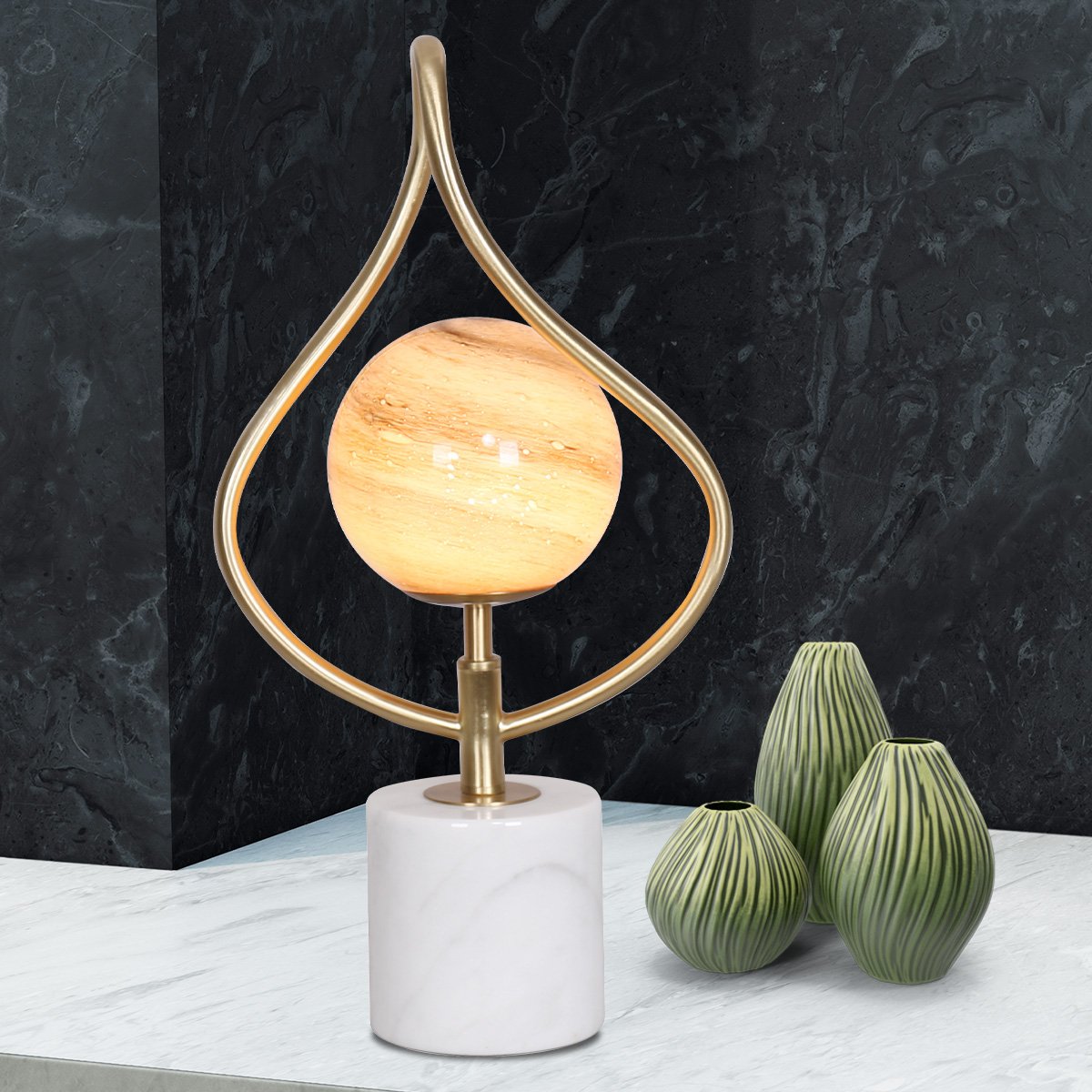 Sarantino Sculptural Orange Glass Table Lamp with White Marble Base