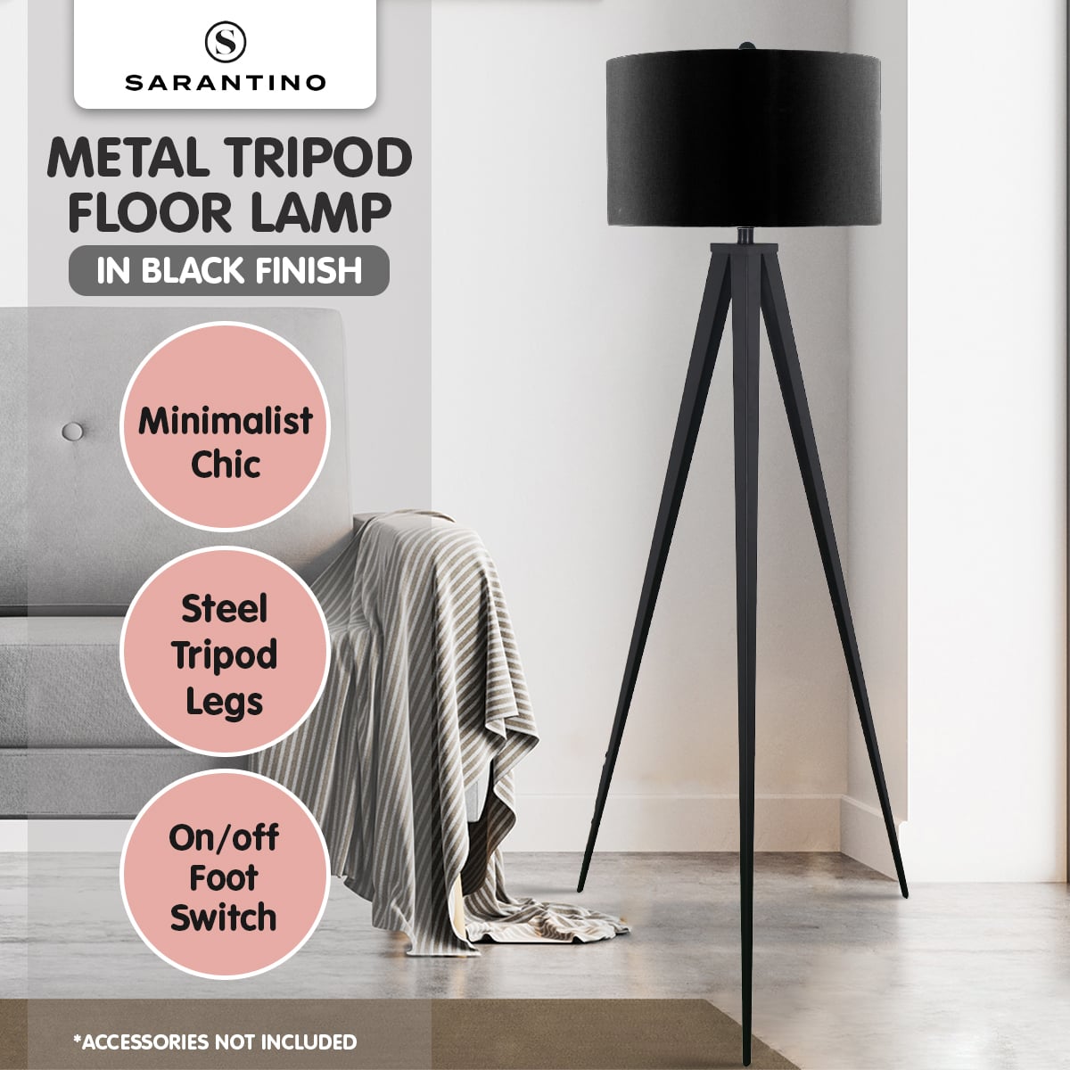 Sarantino Modern Tripod Floor Lamp Black Fabric Shade Standing Light for Living Room Bedroom Office Foot Switch