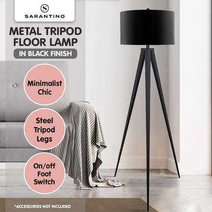 Sarantino Modern Tripod Floor Lamp Black Fabric Shade Standing Light for Living Room Bedroom Office Foot Switch