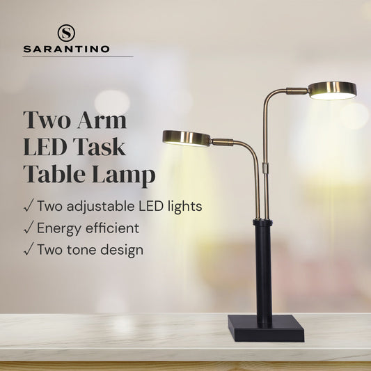 Sarantino Modern 2-Light LED Table Lamp Brushed Gold & Black Metal Desk Task Light for Home Office Reading