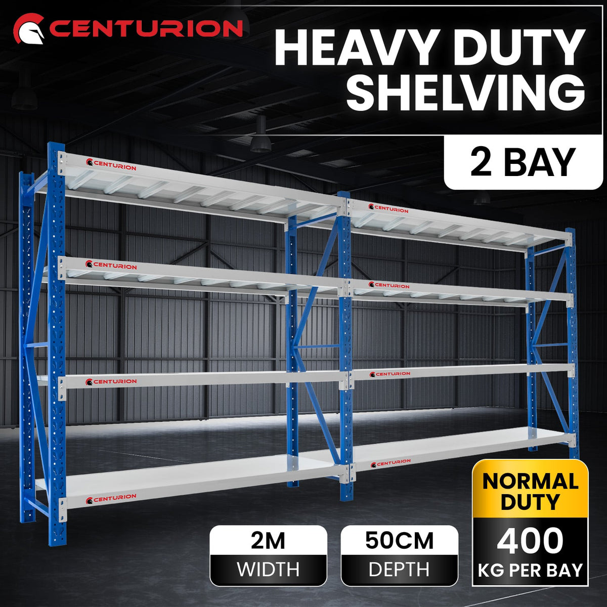 Centurion Standard 2 Bay Heavy-Duty All Steel Shelving 2m 800kg Rack