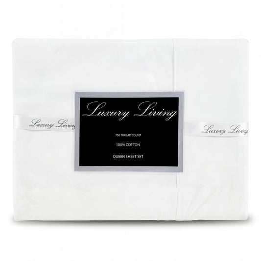 750 Thread Count Pure Cotton Queen Bed Sheet Set 4 Piece Gift Pack - White