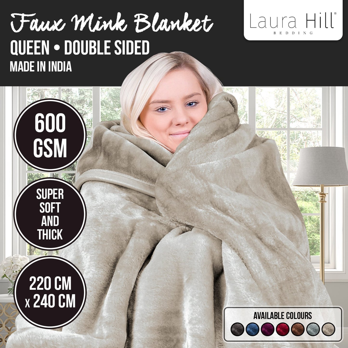 Laura Hill 600-GSM Mink Blanket Queen Size Double-Sided Soft Plush Bed Faux Throw Rug Beige