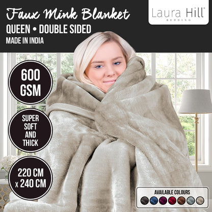 Laura Hill 600-GSM Mink Blanket Queen Size Double-Sided Soft Plush Bed Faux Throw Rug Beige