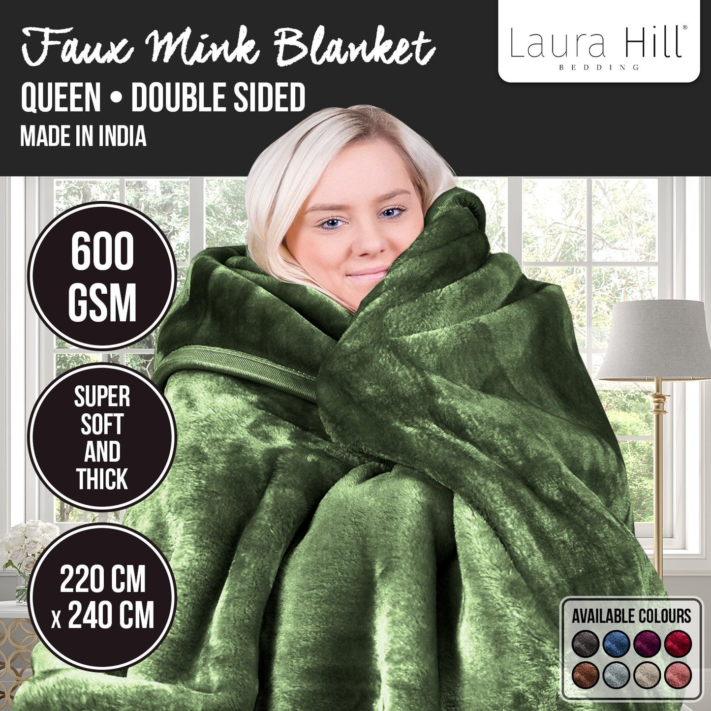 Laura Hill 600GSM Double-Sided Queen Size Faux Mink Blanket - Green