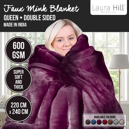 Laura Hill 600-GSM Mink Blanket Queen Size Double-Sided Soft Plush Bed Faux Throw Rug Wine Purple
