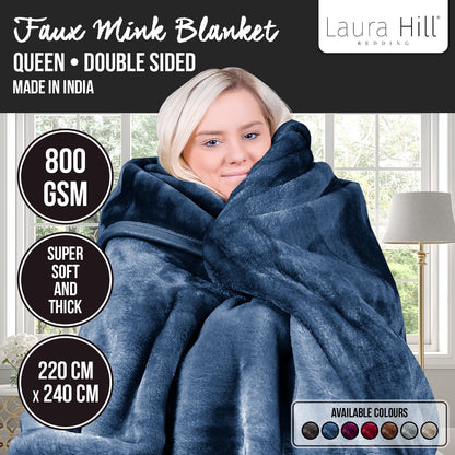 Laura Hill 800-GSM Mink Blanket Queen Size Double-Sided Soft Plush Bed Faux Throw Rug Navy Blue
