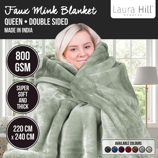 Laura Hill 800-GSM Mink Blanket Queen Size Double-Sided Soft Plush Bed Faux Throw Rug Sage