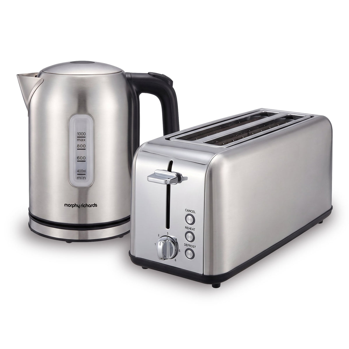 Morphy Richards Equip Stainless Steel Kettle and Toaster Set, 1L Jug Kettle & 4 Slice Long Slot Toaster Breakfast Pack