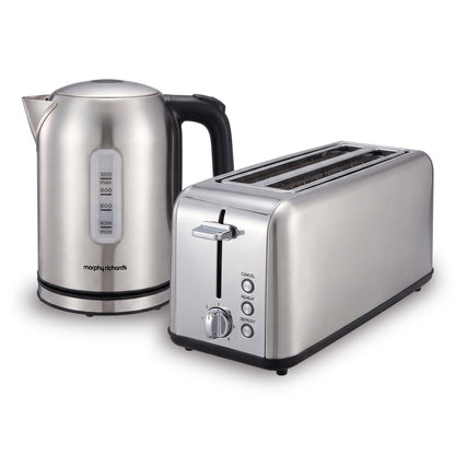 Morphy Richards Equip Stainless Steel Kettle and Toaster Set, 1L Jug Kettle & 4 Slice Long Slot Toaster Breakfast Pack