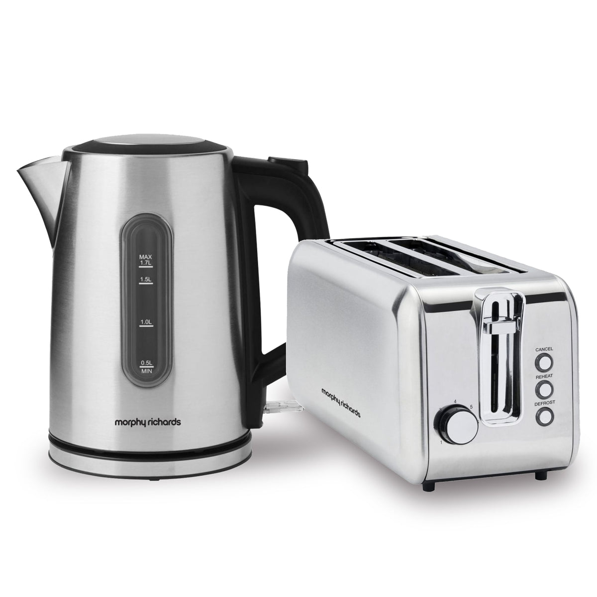 Morphy Richards Equip Stainless Steel Kettle and Toaster Set 1.7L Jug Kettle & 4 Slice Long Slot Toaster Bundle