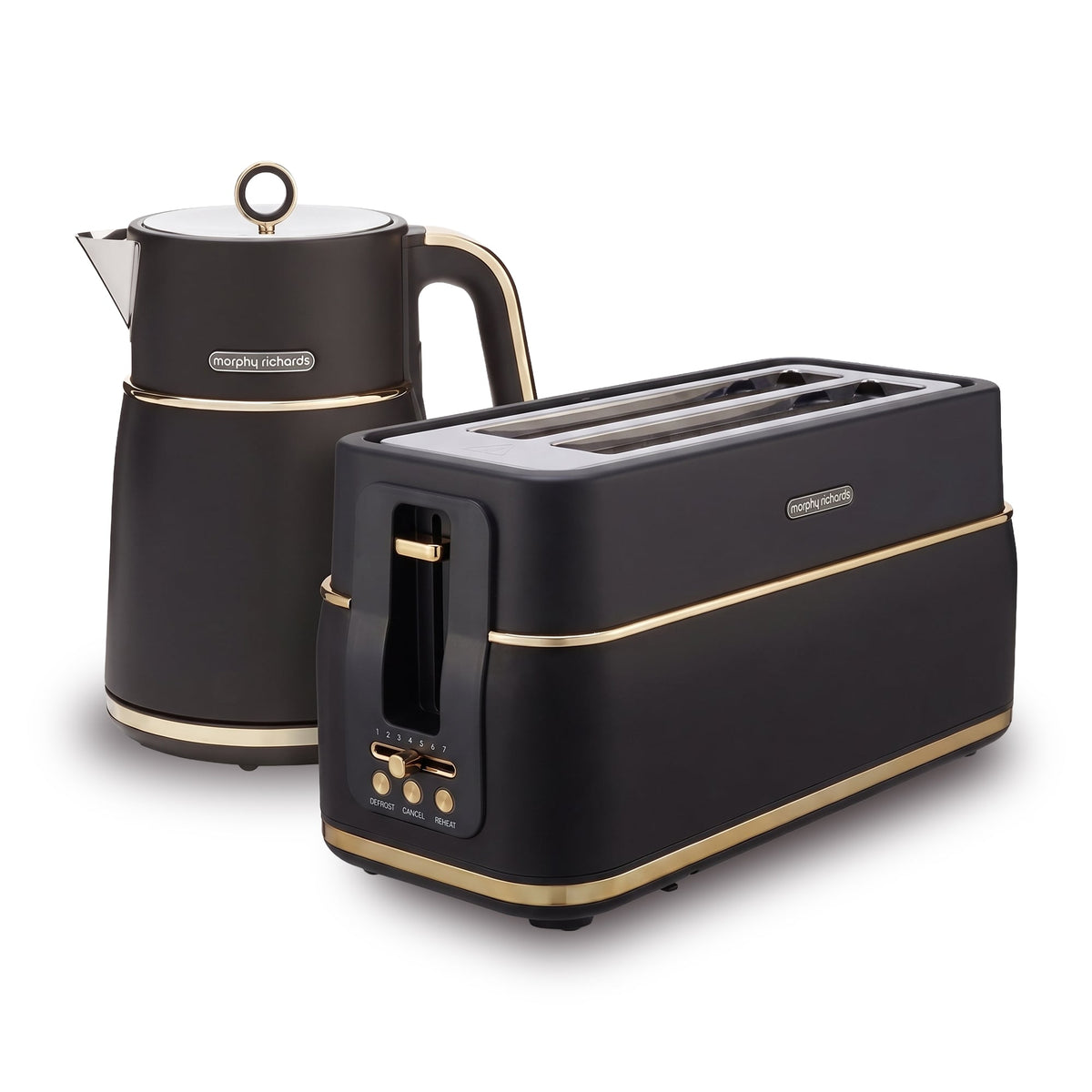 Morphy Richards Signature Kettle and Toaster Set, 1.5L Jug Kettle & 4-Slice Long Slot Toaster, Matte Black Soft Gold