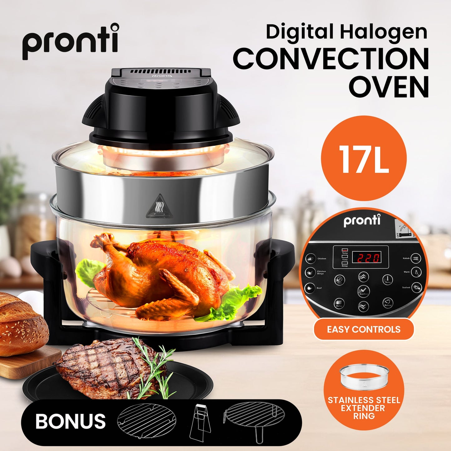 Pronti 17L Digital Family Turbo Convection Oven Broiler Cooker - Black