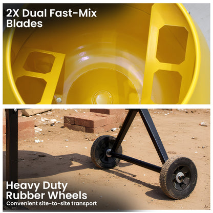 Kartrite Portable 140L Concrete Cement Mixer Sand Gravel Dual Mix Blades & Tipper Lock 550W Heavy Duty Rubber Wheels
