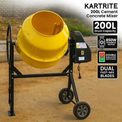 Kartrite Portable 200L Concrete Cement Mixer Sand Gravel Dual Mix Blades & Tipper Lock 850W Heavy Duty Rubber Wheels
