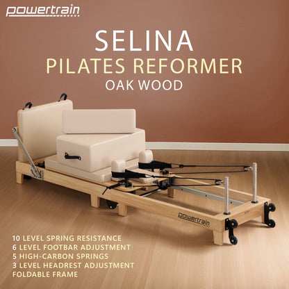 Powertrain Fitness Selina Folding Wooden Pilates Reformer in Beige with Jumpboard & Sitting Box Oak Home Gym Equipment