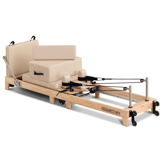 Powertrain Fitness Selina Folding Wooden Pilates Reformer in Beige with Jumpboard & Sitting Box Oak Home Gym Equipment