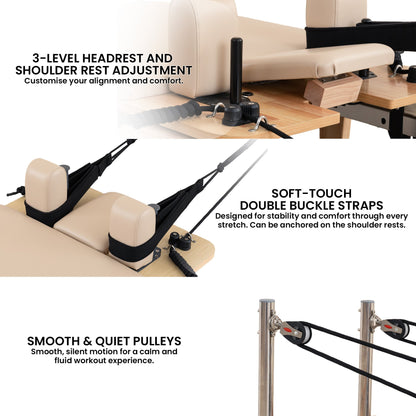Powertrain Fitness Selina Folding Wooden Pilates Reformer in Beige with Jumpboard & Sitting Box Oak Home Gym Equipment