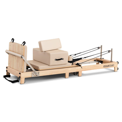 Powertrain Fitness Selina Folding Wooden Pilates Reformer in Beige with Jumpboard & Sitting Box Oak Home Gym Equipment