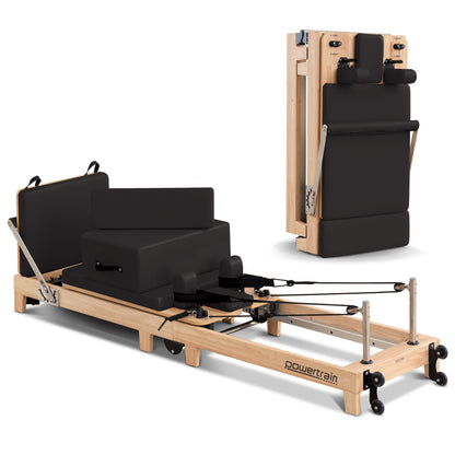 Powertrain Fitness Selina Folding Wooden Pilates Reformer in Black with Jumpboard & Sitting Box Oak Home Gym Equipment