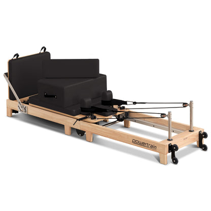 Powertrain Fitness Selina Folding Wooden Pilates Reformer in Black with Jumpboard & Sitting Box Oak Home Gym Equipment