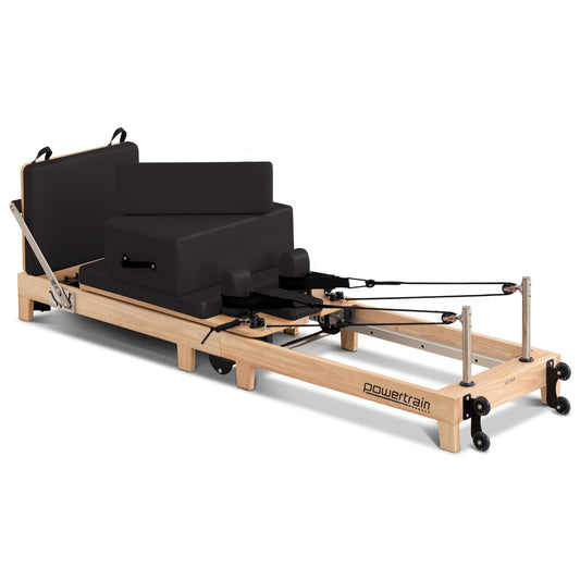 Powertrain Fitness Selina Folding Wooden Pilates Reformer in Black with Jumpboard & Sitting Box Oak Home Gym Equipment