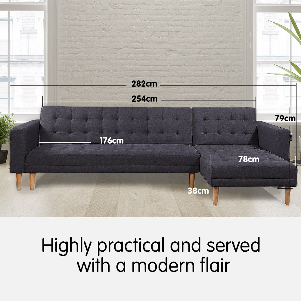 Sarantino Linen Fabric Corner Sofa Bed Couch Lounge with Chaise Dark Grey
