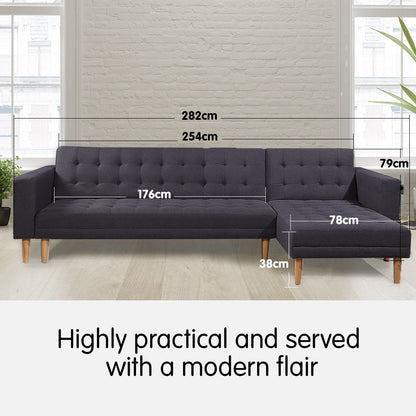 Sarantino Linen Fabric Corner Sofa Bed Couch Lounge with Chaise Dark Grey